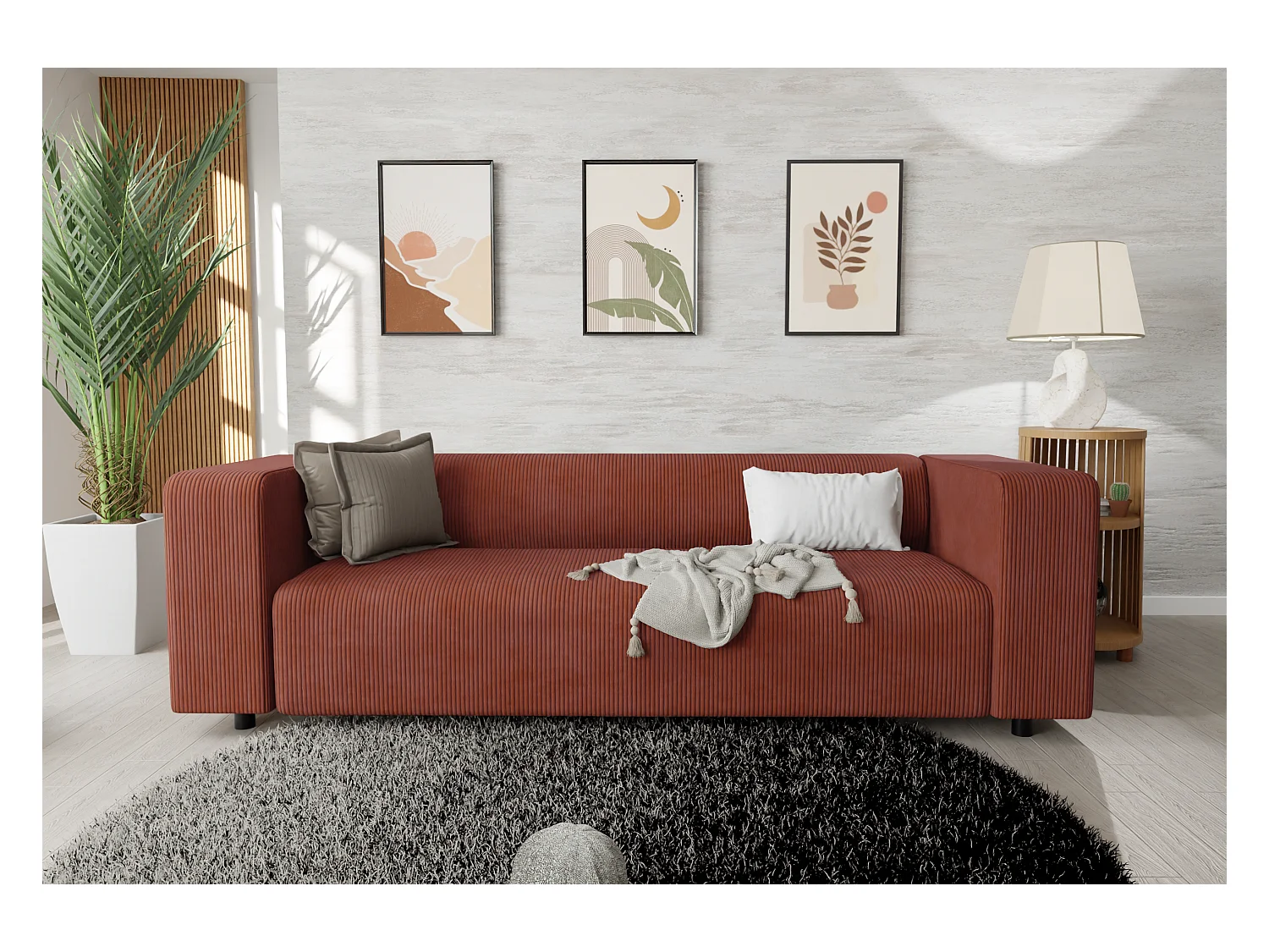 Canapé droit 3 places moderne en velours côtelé terracotta avec assise confortable THORA