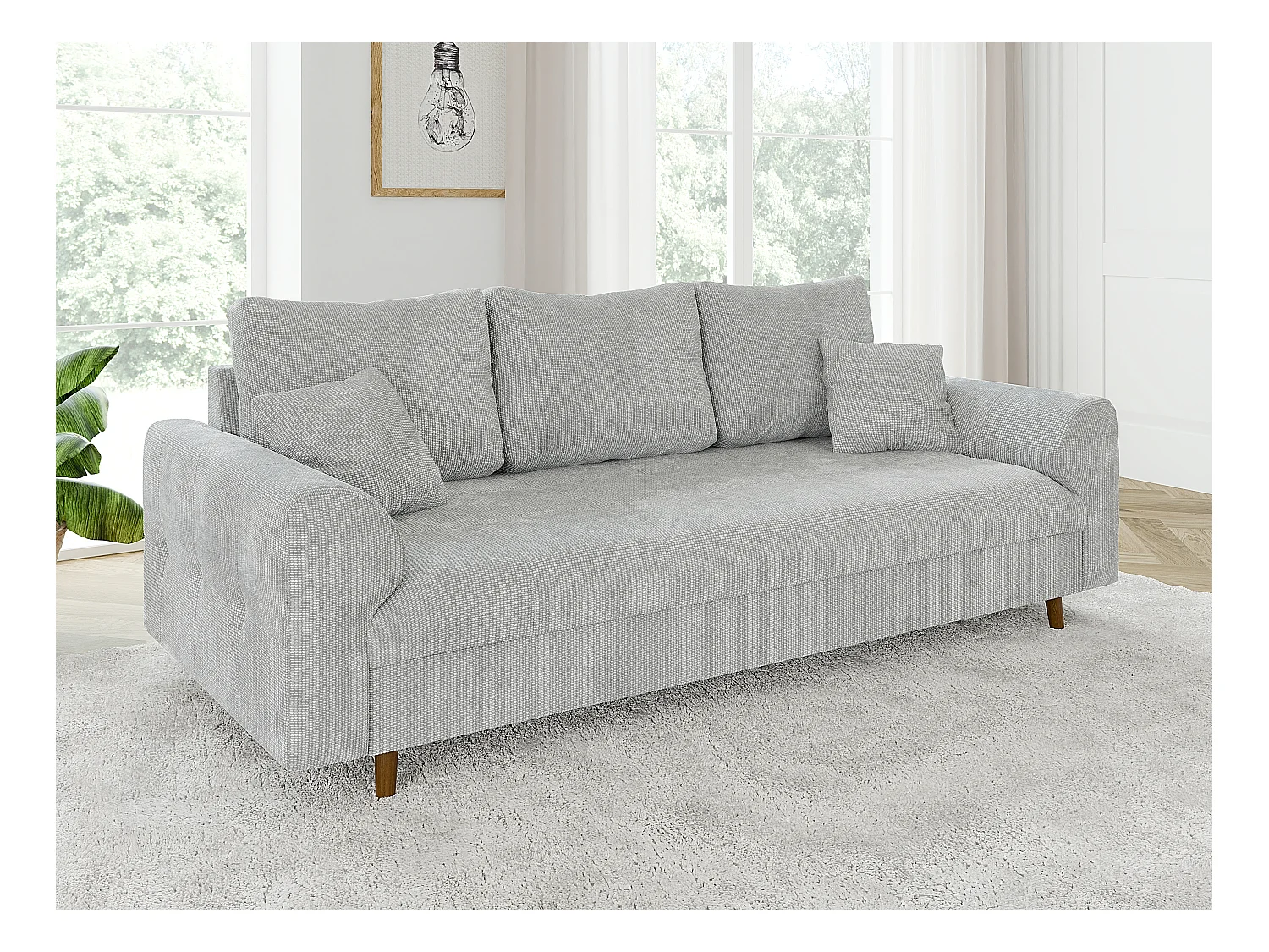 Arvid - Sofa 3 sitzer mit Braun Holzfüßen im skandinavischen Stil aus Hellgrau Chenille-Stoff