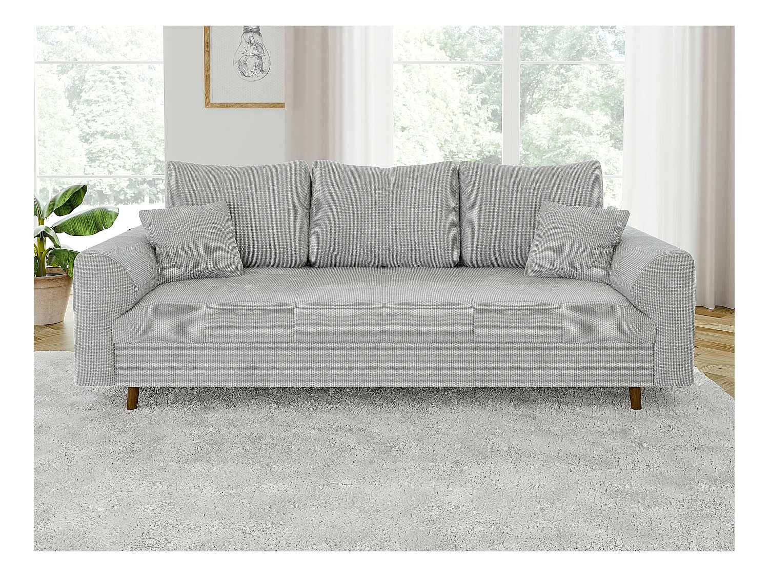 Arvid - Sofa 3 sitzer mit Braun Holzfüßen im skandinavischen Stil aus Hellgrau Chenille-Stoff