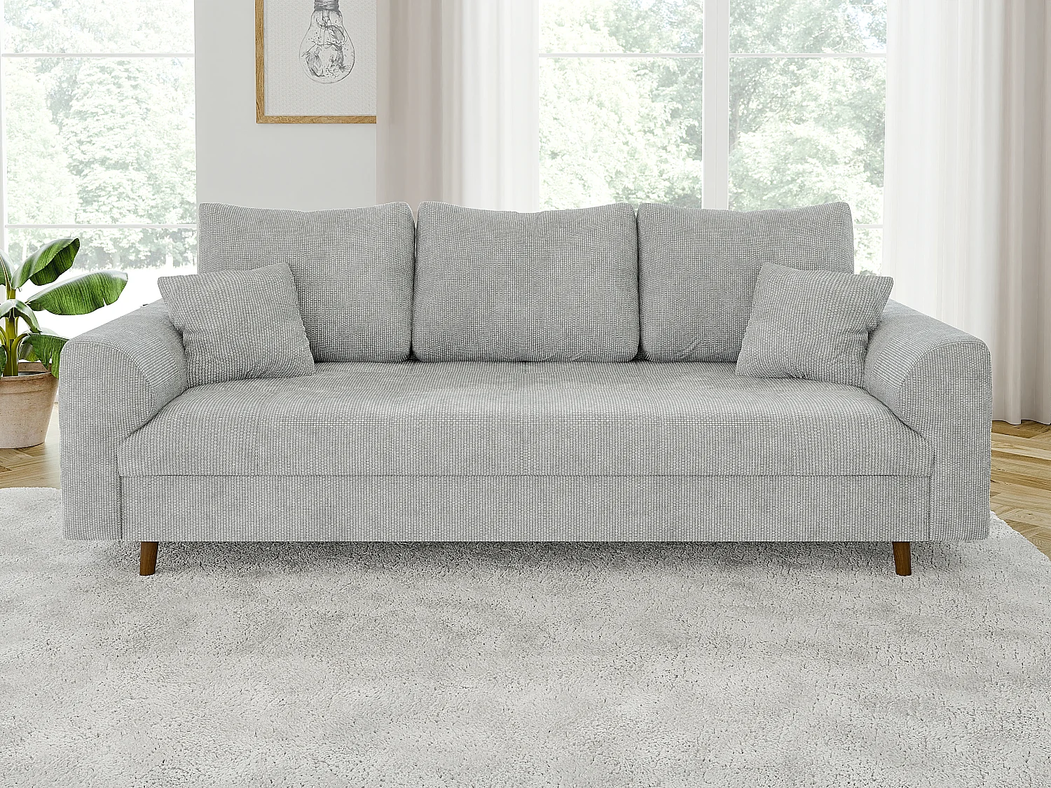 Arvid - Sofa 3 sitzer mit Braun Holzfüßen im skandinavischen Stil aus Hellgrau Chenille-Stoff