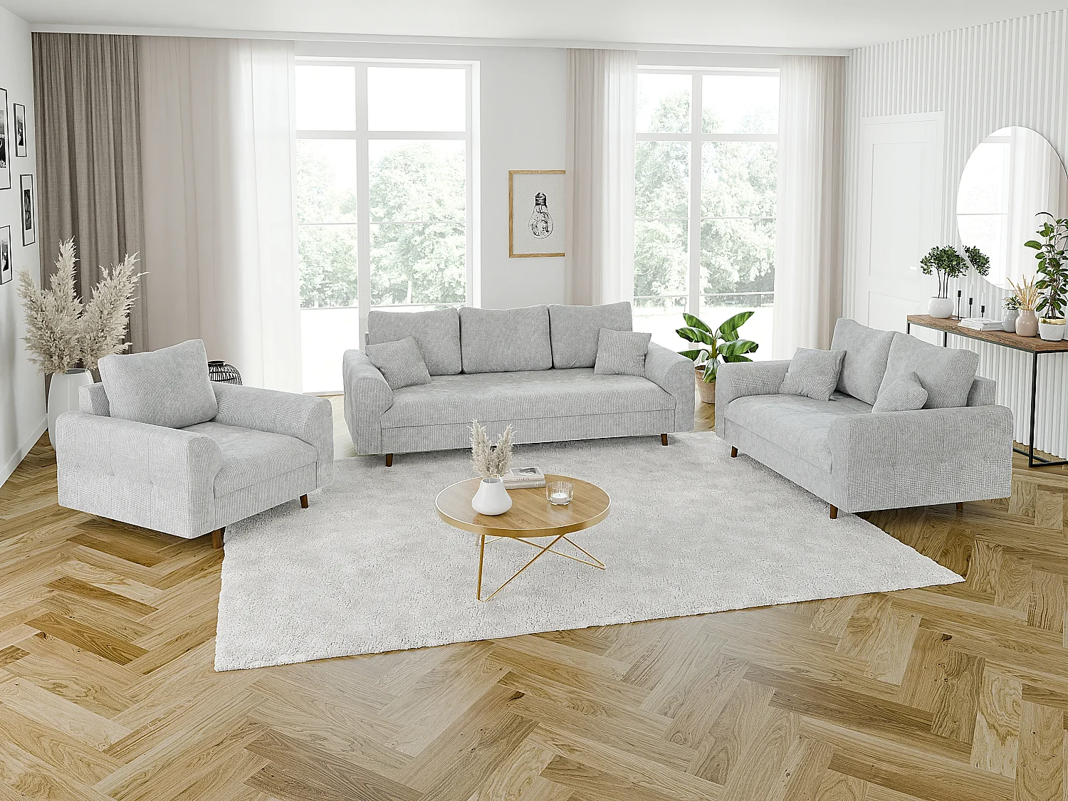 Arvid - Sofa 3 sitzer mit Braun Holzfüßen im skandinavischen Stil aus Hellgrau Chenille-Stoff