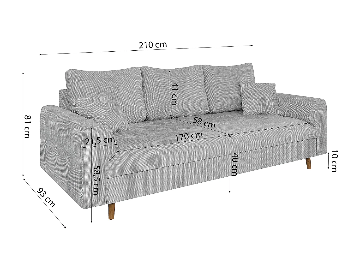 Arvid - Sofa 3 sitzer mit Braun Holzfüßen im skandinavischen Stil aus Hellgrau Chenille-Stoff