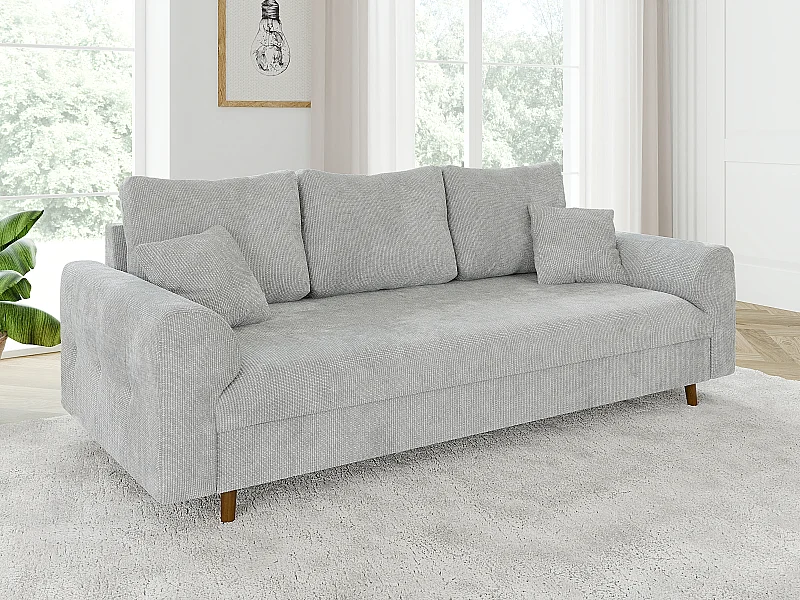 Arvid - Sofa 3 sitzer mit Braun Holzfüßen im skandinavischen Stil aus Hellgrau Chenille-Stoff