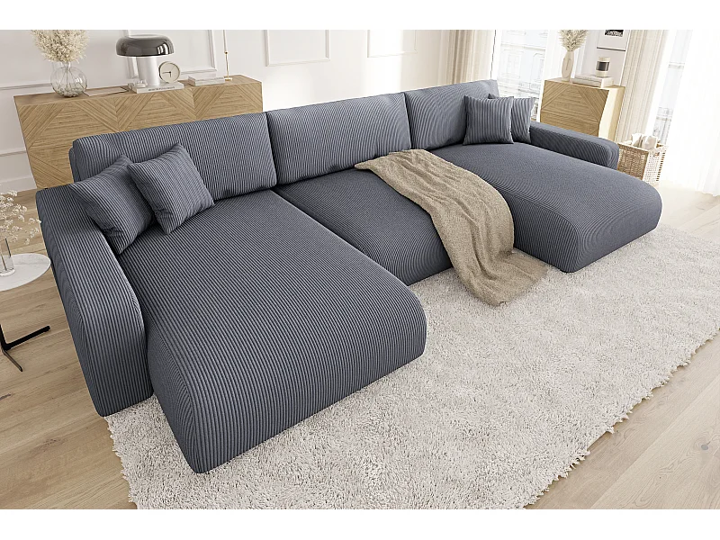 Emma - Wohnlandschaft mit Schlaffunktion und Bettkasten in Grau Cord-Stoff schöner Sitzkomfort