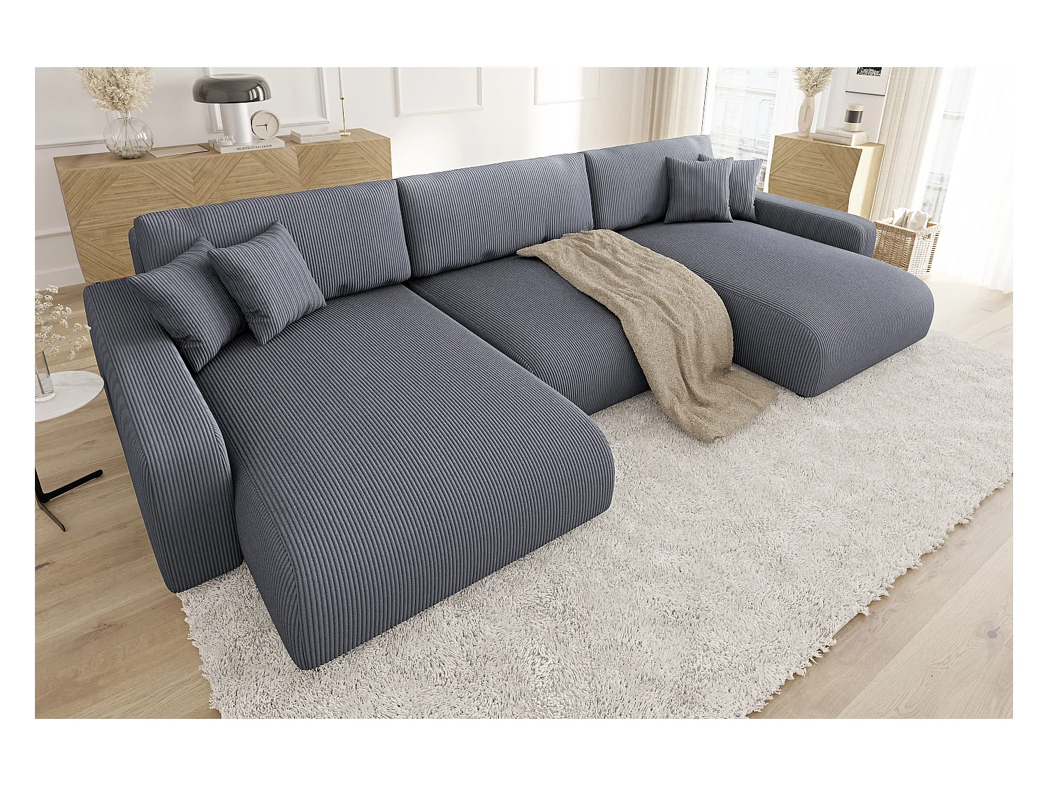 Emma - Wohnlandschaft mit Schlaffunktion und Bettkasten in Grau Cord-Stoff schöner Sitzkomfort