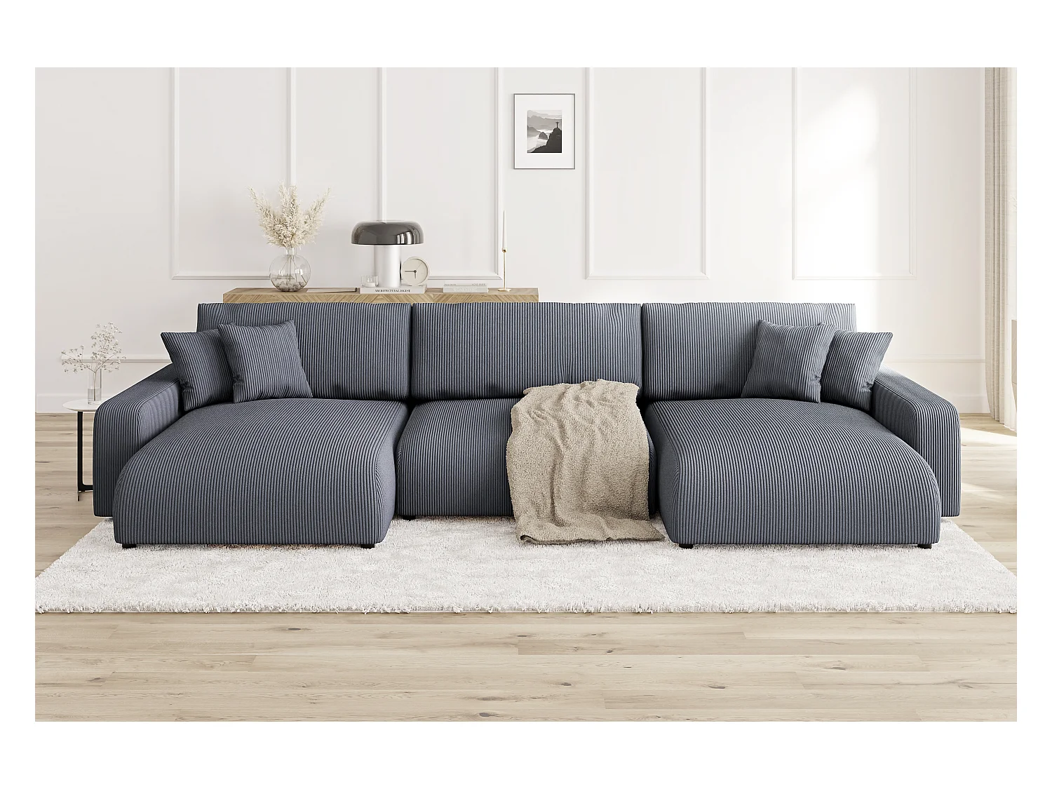 Emma - Wohnlandschaft mit Schlaffunktion und Bettkasten in Grau Cord-Stoff schöner Sitzkomfort