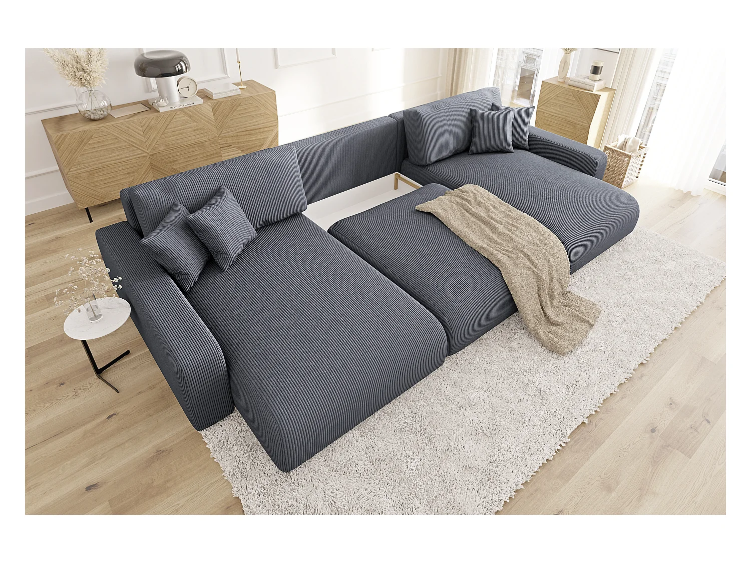 Emma - Wohnlandschaft mit Schlaffunktion und Bettkasten in Grau Cord-Stoff schöner Sitzkomfort