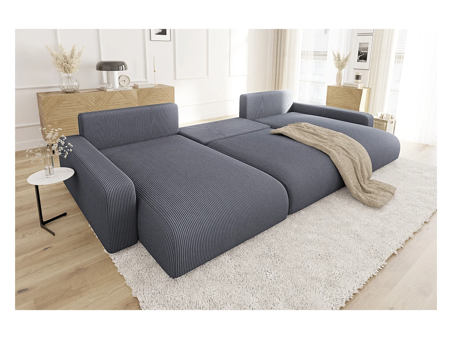 Emma - Wohnlandschaft mit Schlaffunktion und Bettkasten in Grau Cord-Stoff schöner Sitzkomfort