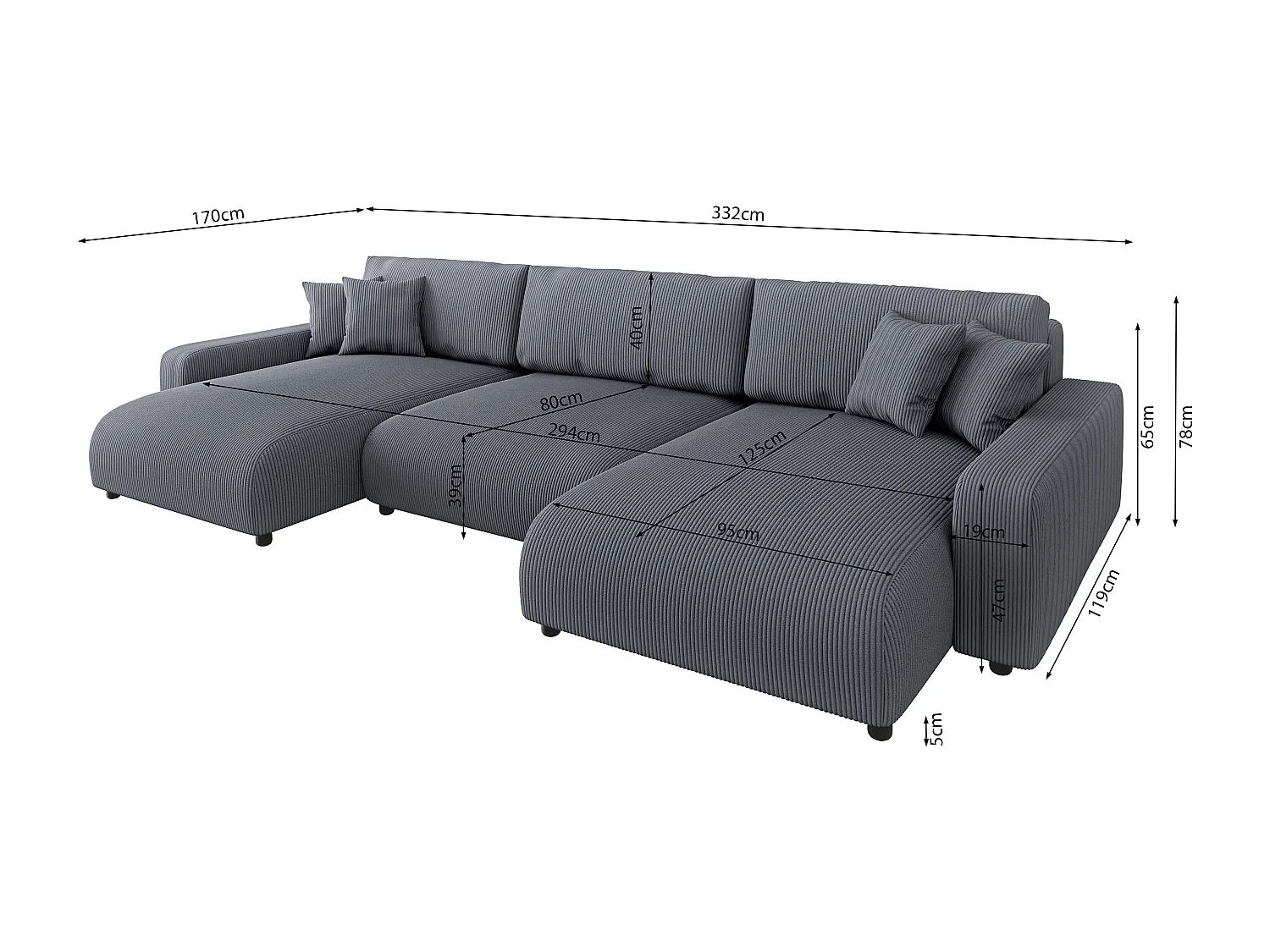 Emma - Wohnlandschaft mit Schlaffunktion und Bettkasten in Grau Cord-Stoff schöner Sitzkomfort