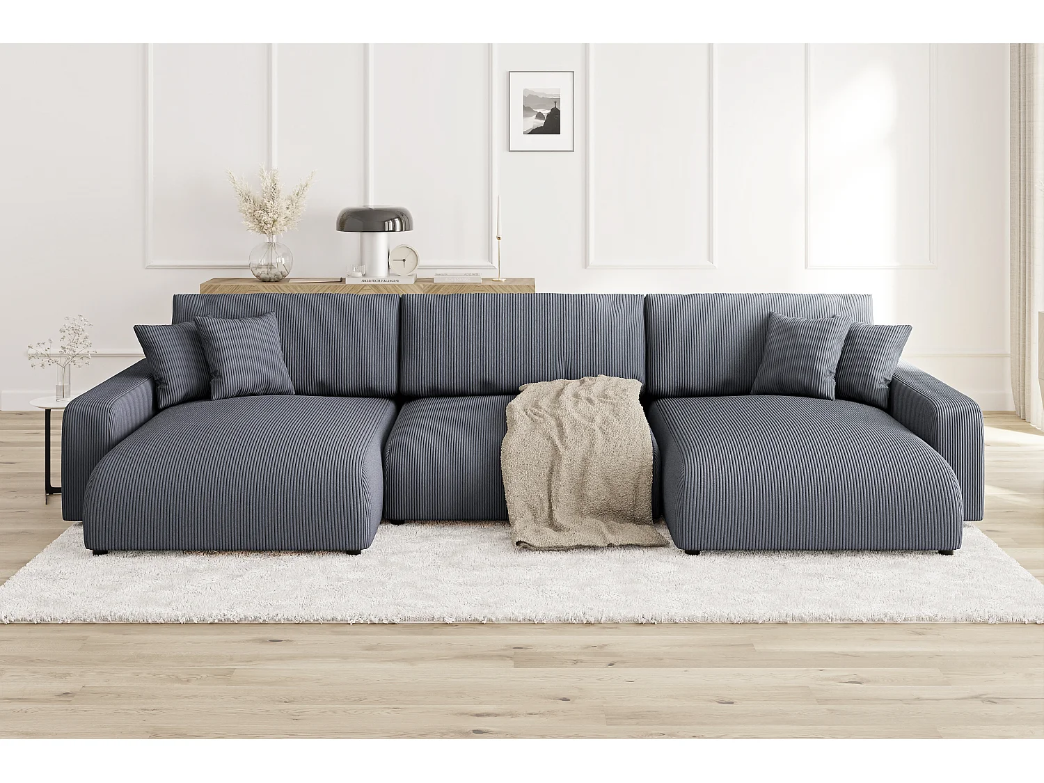 Emma - Wohnlandschaft mit Schlaffunktion und Bettkasten in Grau Cord-Stoff schöner Sitzkomfort