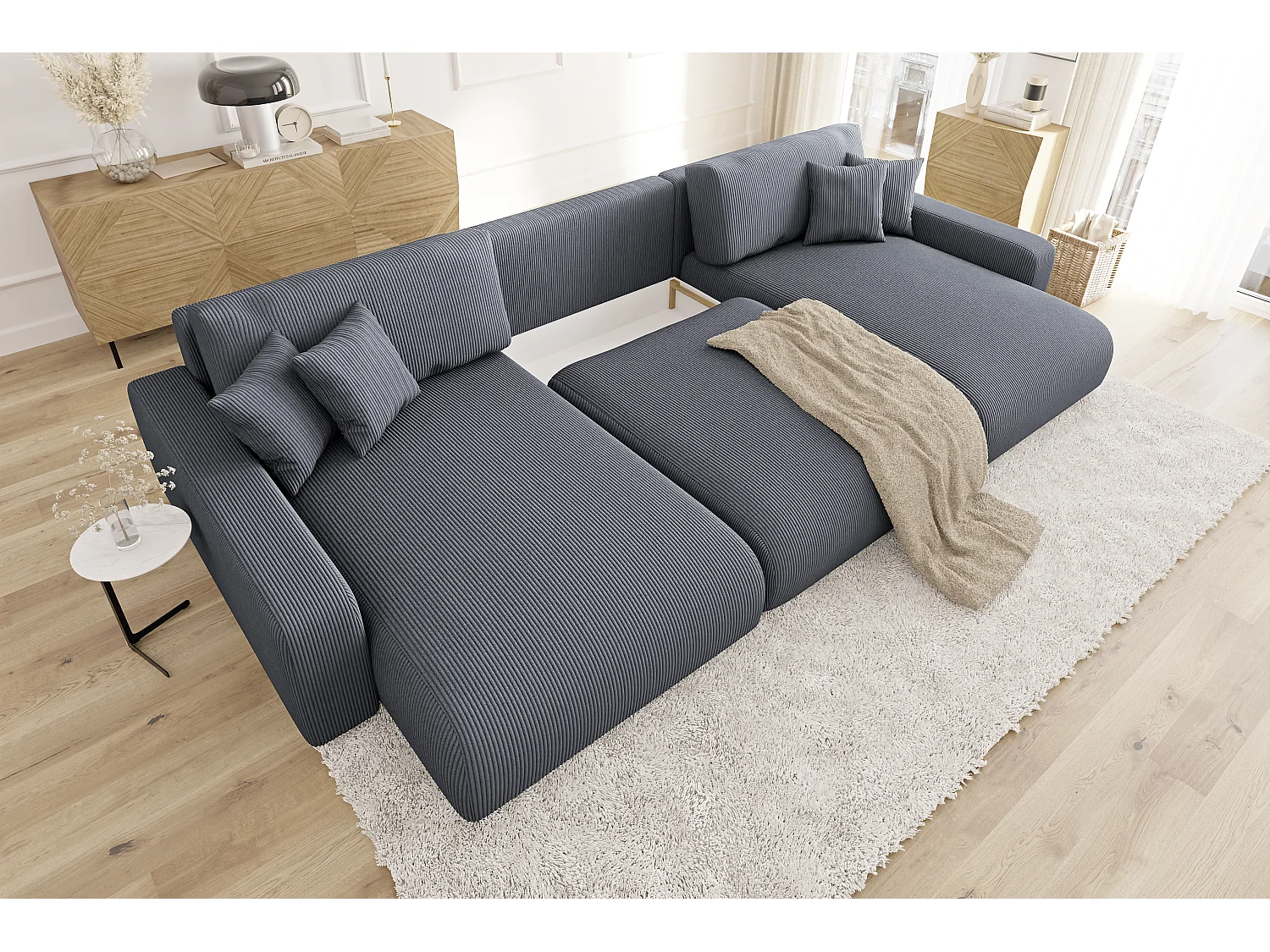 Emma - Wohnlandschaft mit Schlaffunktion und Bettkasten in Grau Cord-Stoff schöner Sitzkomfort