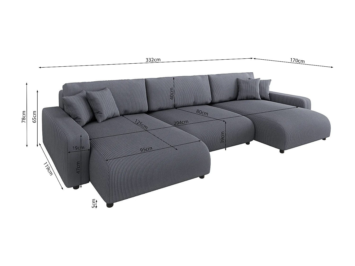 Emma - Wohnlandschaft mit Schlaffunktion und Bettkasten in Grau Cord-Stoff schöner Sitzkomfort