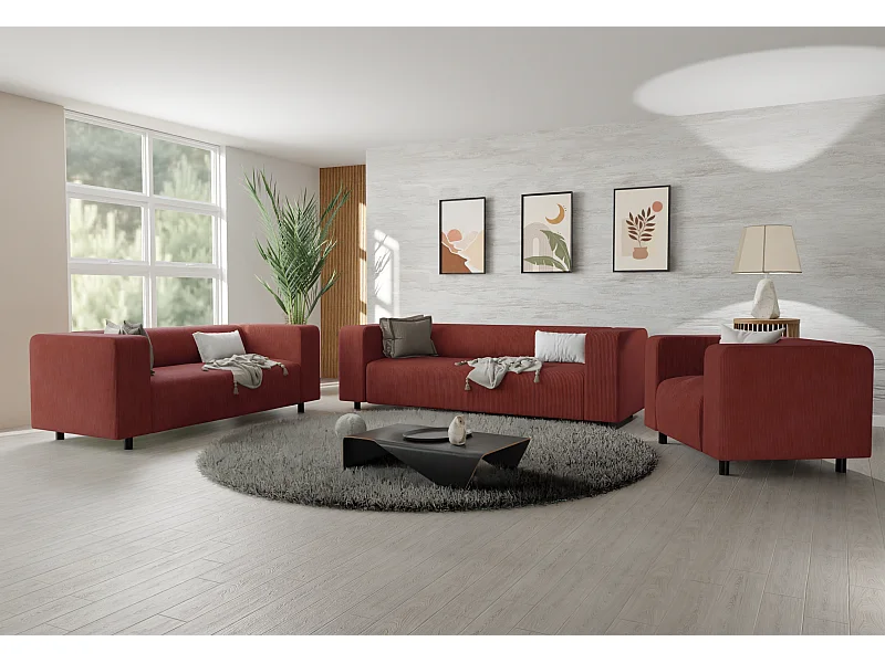 Thora - Modernes Polstergarnitur 3+2+1 aus Terrakotta Cord-Stoff mit bequemem Sitz