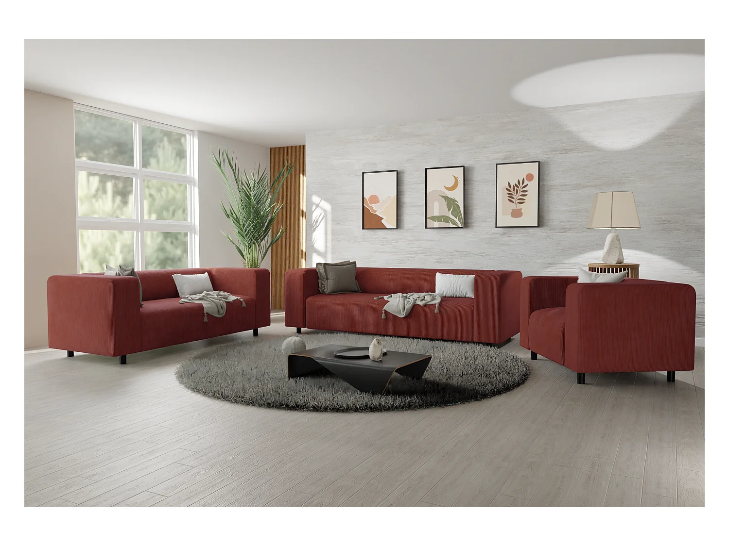 Ensemble de sièges moderne 3+2+1 en velours côtelé terracotta avec assise confortable THORA