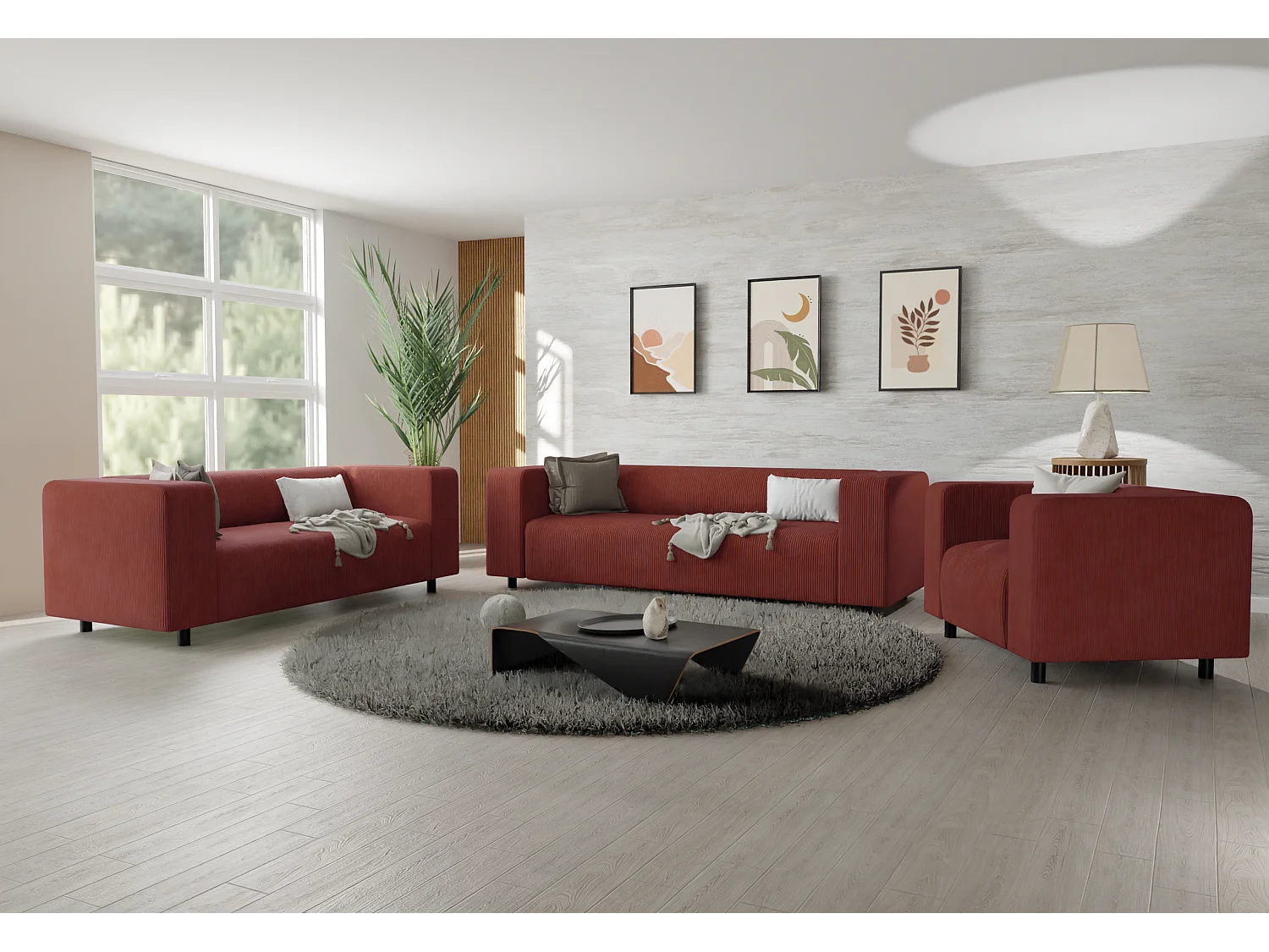 Ensemble de sièges moderne 3+2+1 en velours côtelé terracotta avec assise confortable THORA