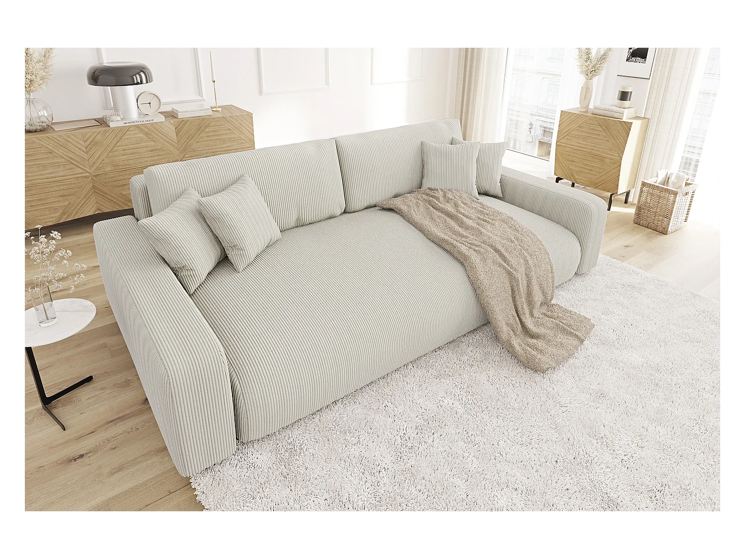 Emma - Sofa mit Schlaffunktion und Bettkasten in Beige Cord-Stoff schöner Sitzkomfort