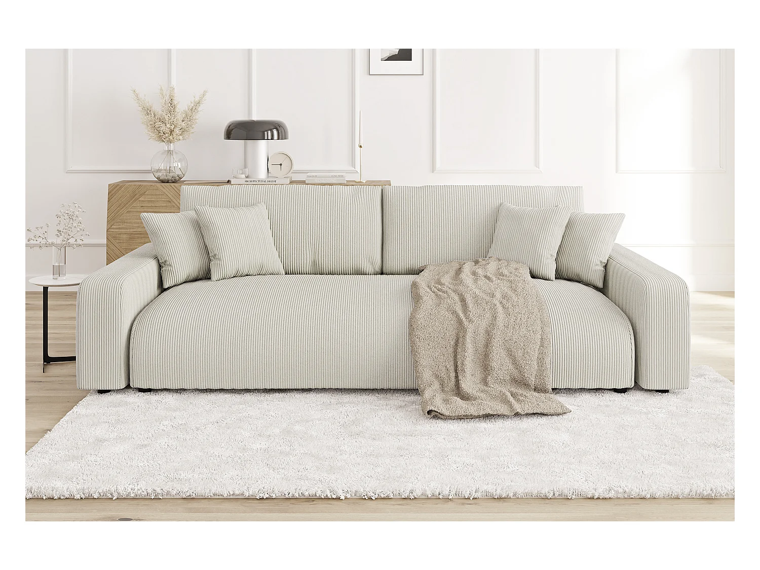 Emma - Sofa mit Schlaffunktion und Bettkasten in Beige Cord-Stoff schöner Sitzkomfort