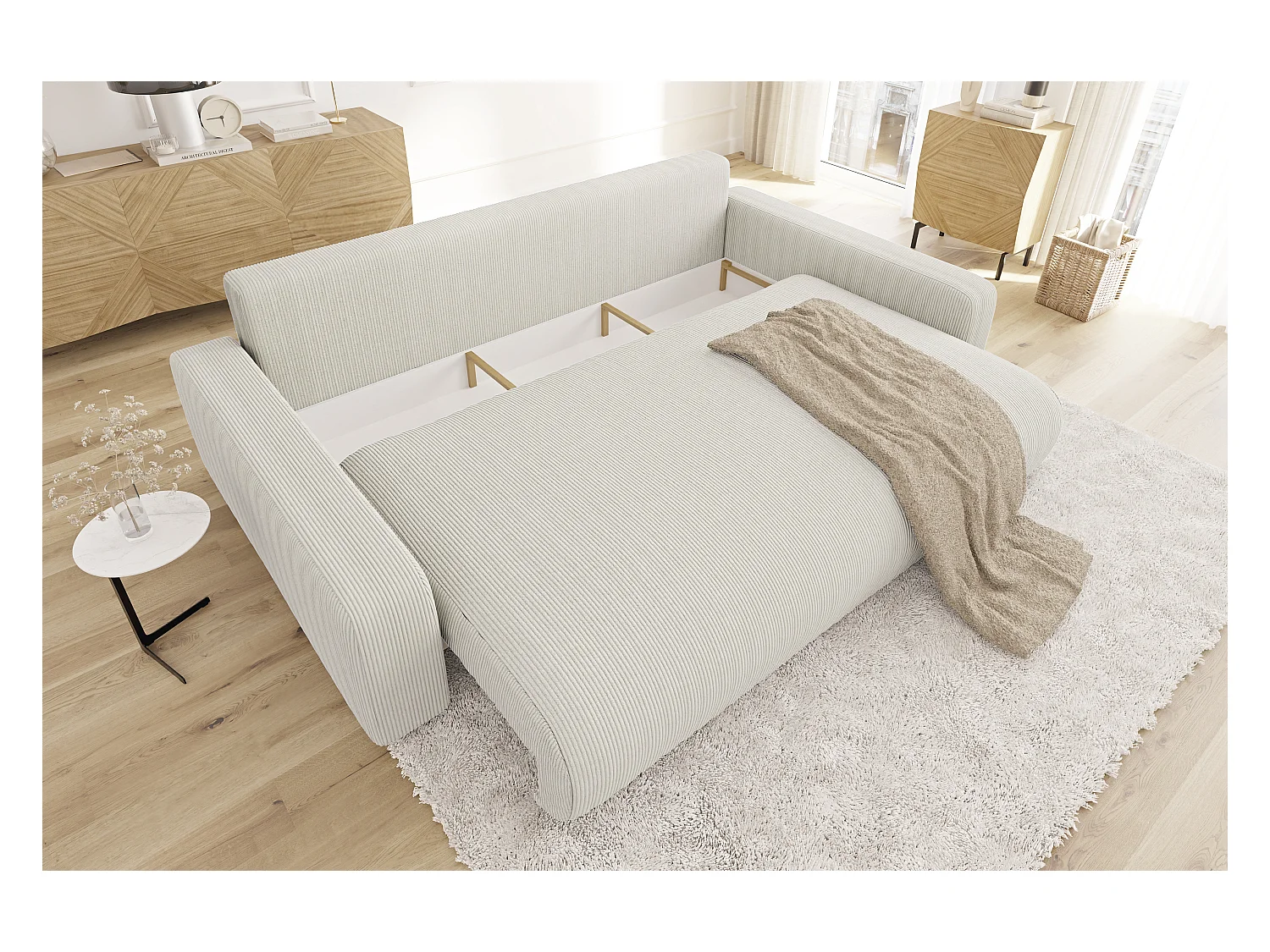 Emma - Sofa mit Schlaffunktion und Bettkasten in Beige Cord-Stoff schöner Sitzkomfort