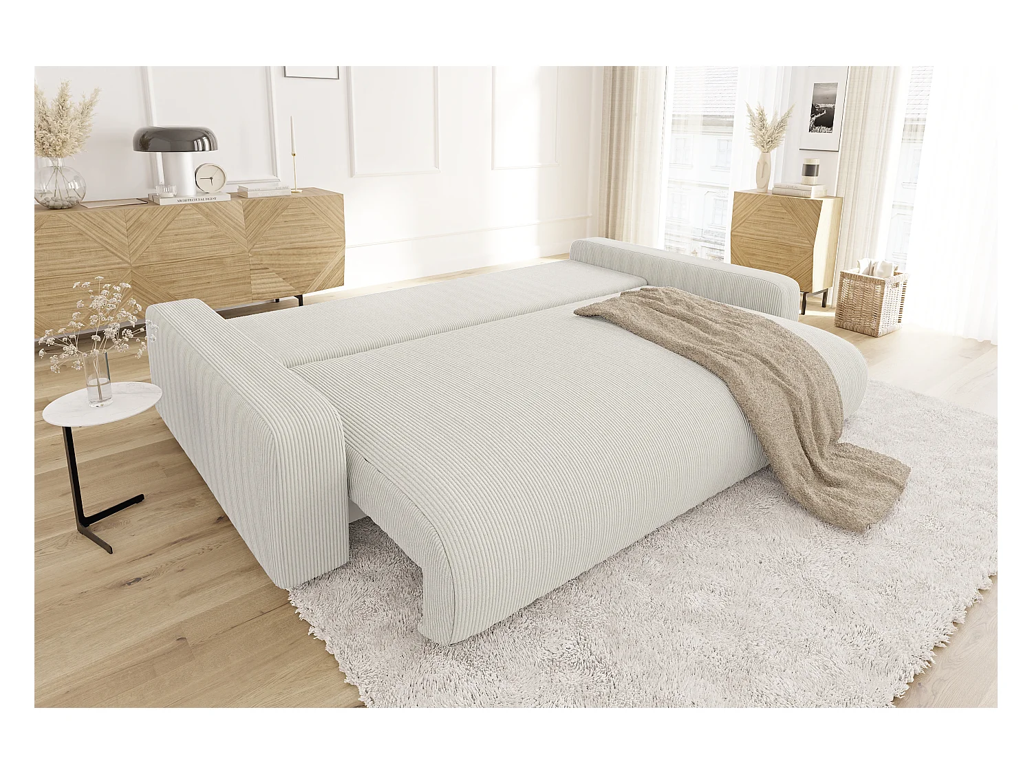 Emma - Sofa mit Schlaffunktion und Bettkasten in Beige Cord-Stoff schöner Sitzkomfort