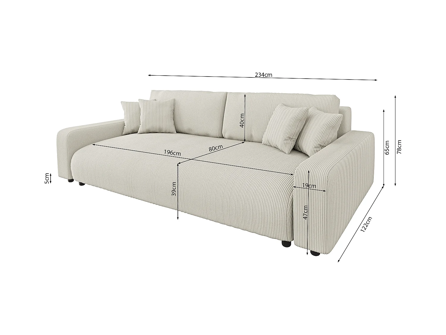 Emma - Sofa mit Schlaffunktion und Bettkasten in Beige Cord-Stoff schöner Sitzkomfort