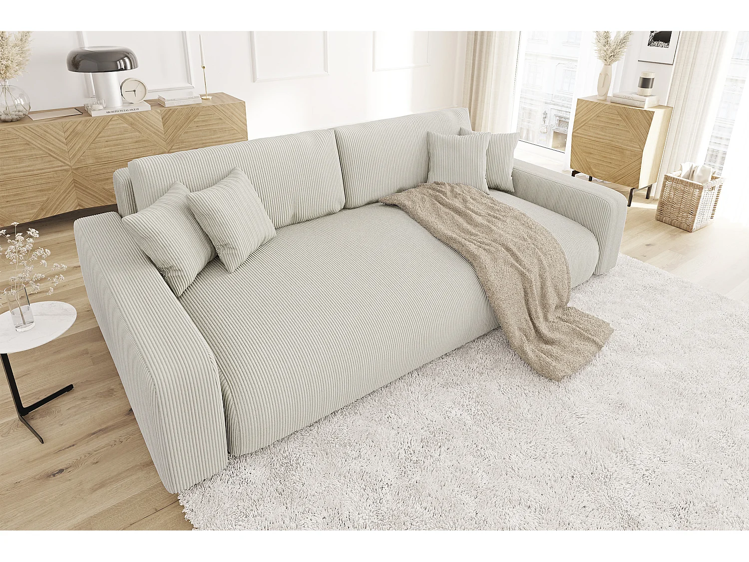 Emma - Sofa mit Schlaffunktion und Bettkasten in Beige Cord-Stoff schöner Sitzkomfort