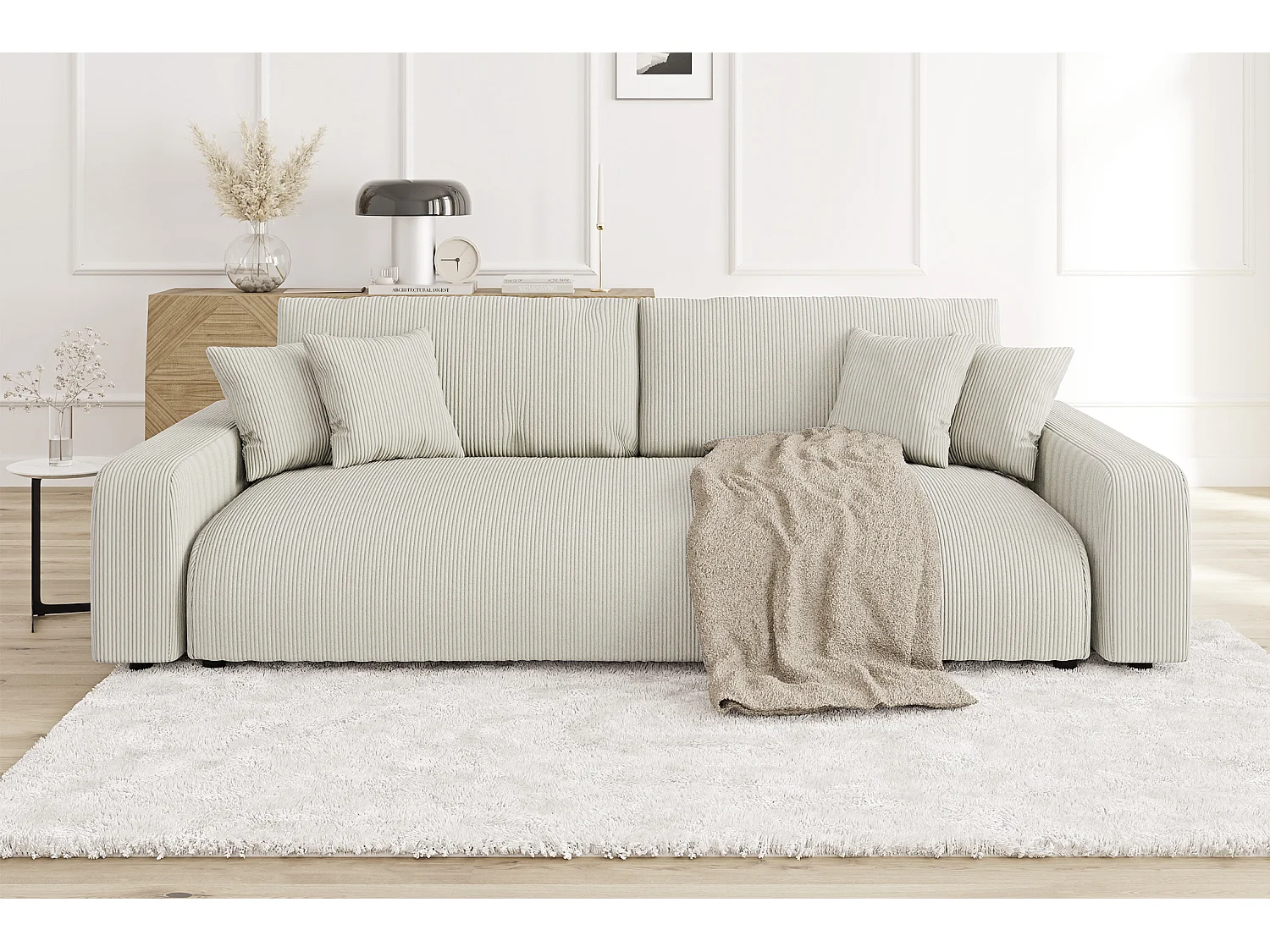 Emma - Sofa mit Schlaffunktion und Bettkasten in Beige Cord-Stoff schöner Sitzkomfort