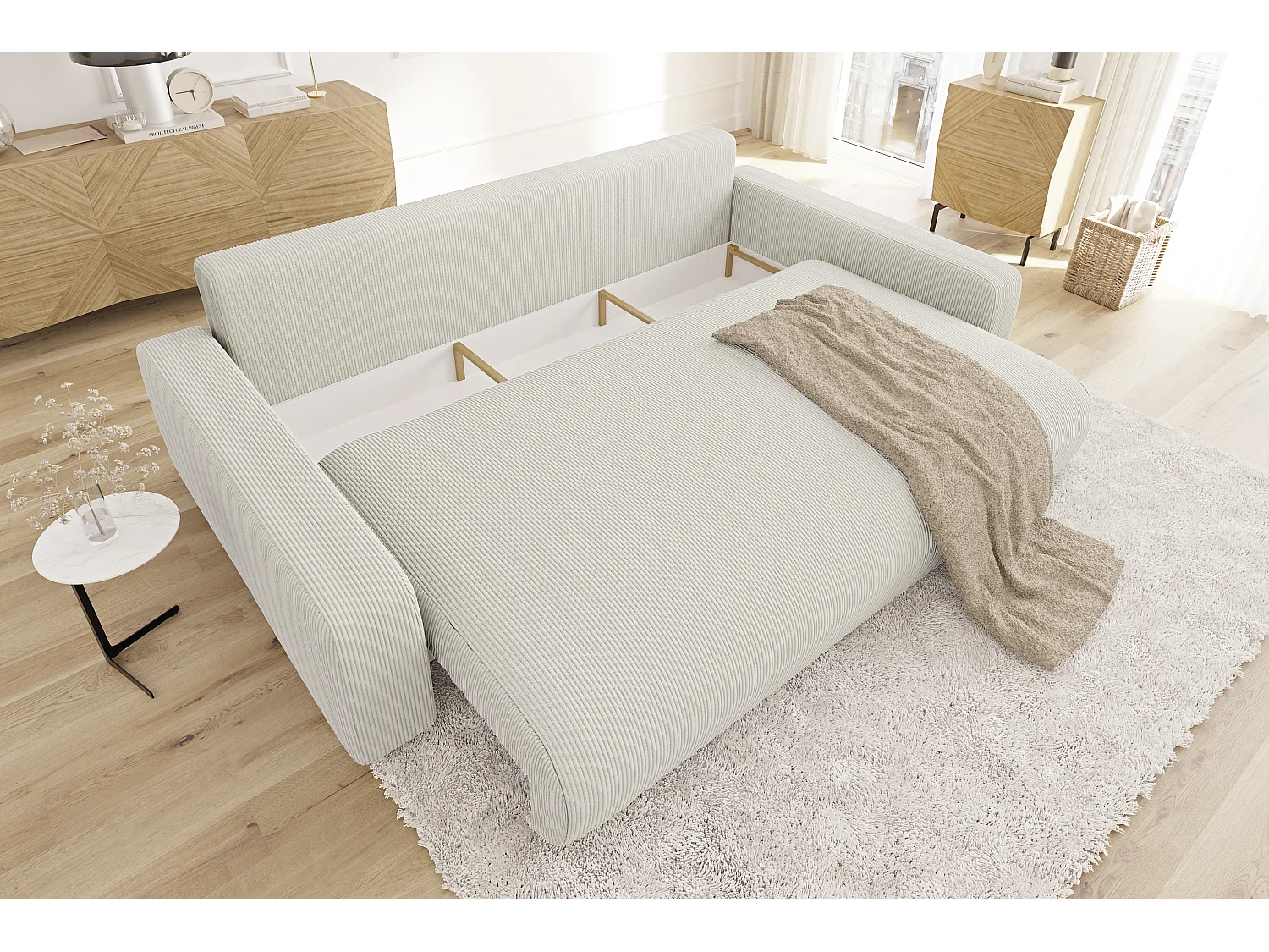 Emma - Sofa mit Schlaffunktion und Bettkasten in Beige Cord-Stoff schöner Sitzkomfort