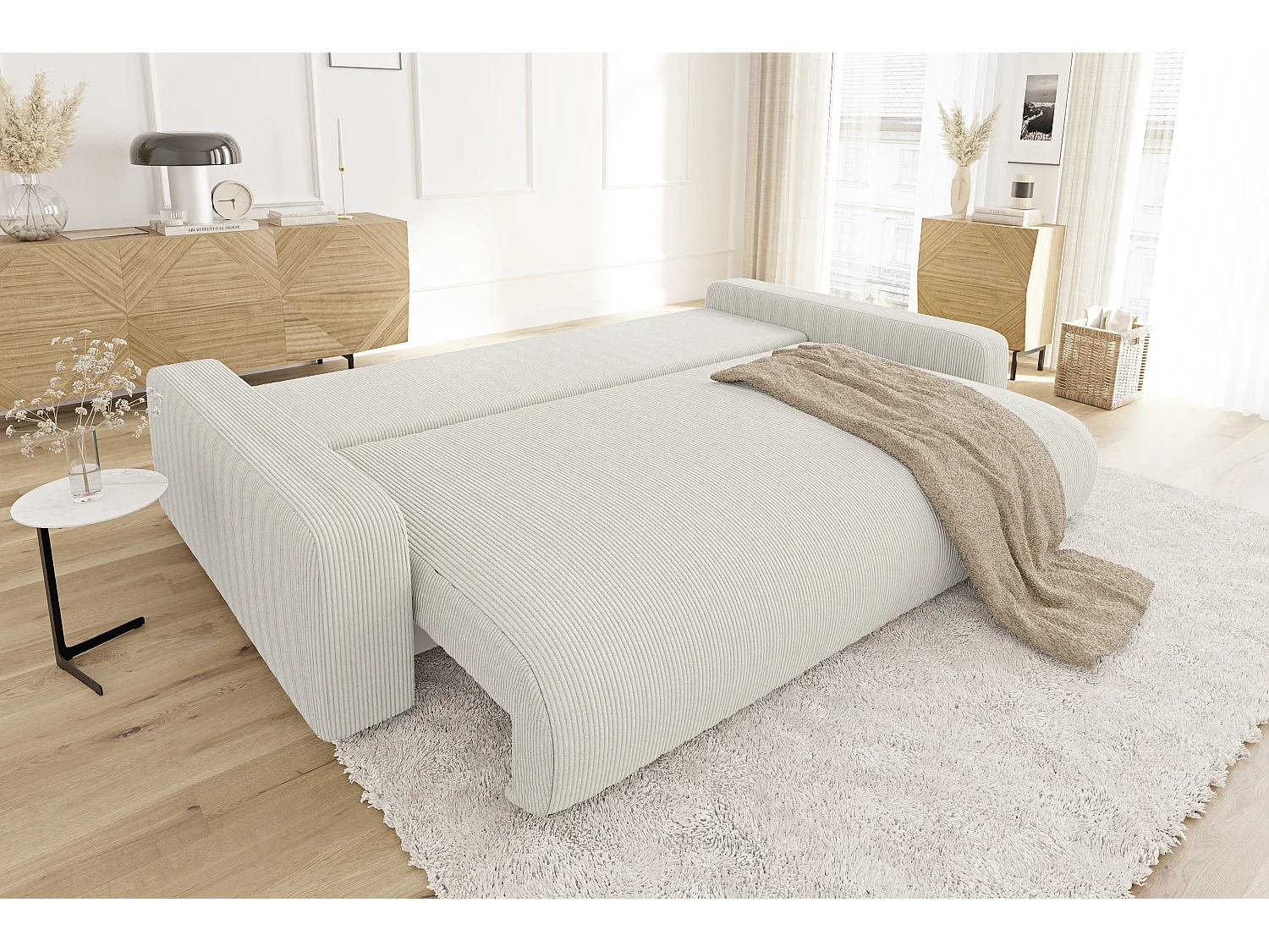 Emma - Sofa mit Schlaffunktion und Bettkasten in Beige Cord-Stoff schöner Sitzkomfort