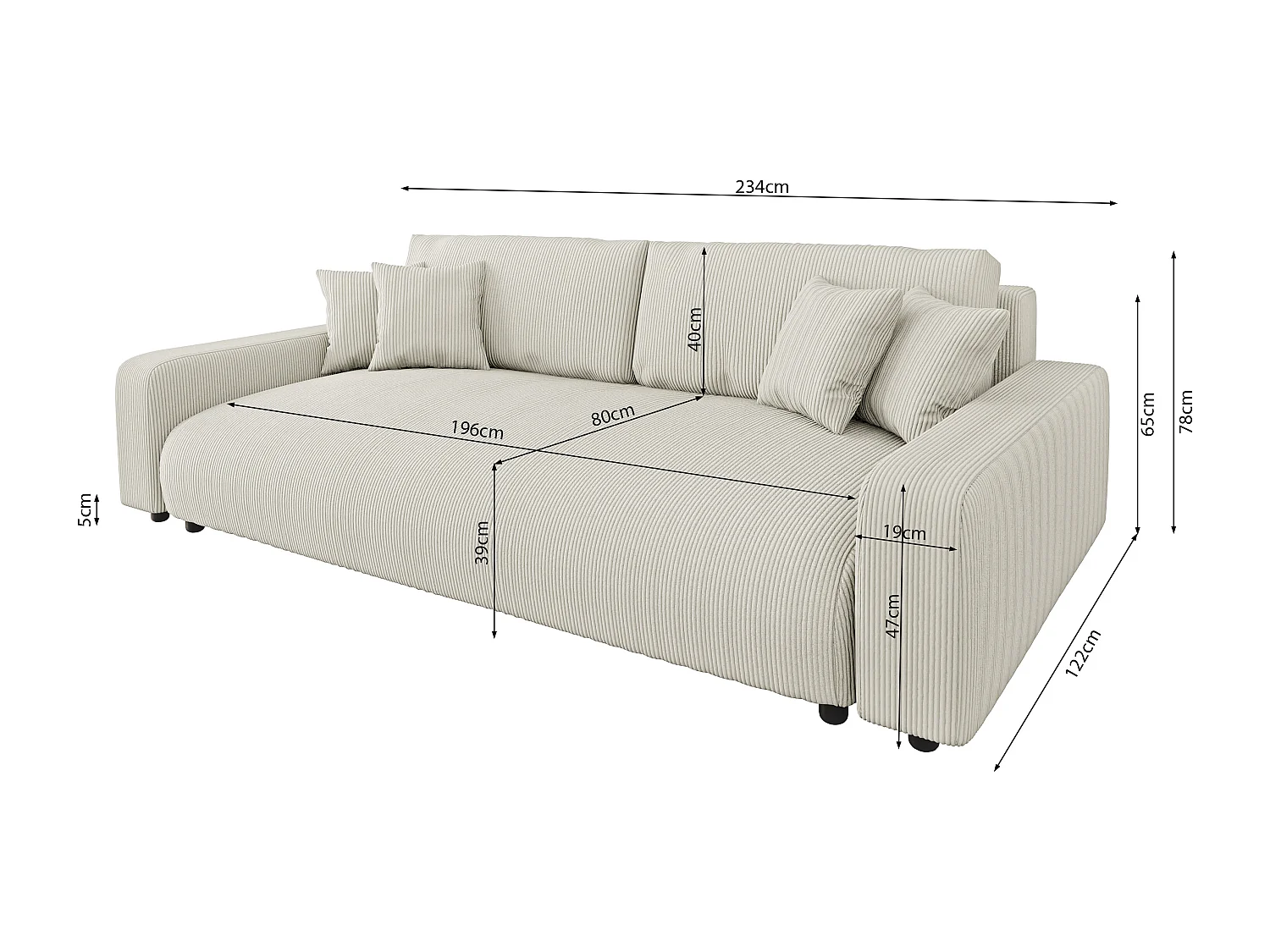 Emma - Sofa mit Schlaffunktion und Bettkasten in Beige Cord-Stoff schöner Sitzkomfort