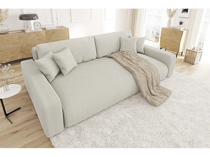 Emma - Sofa mit Schlaffunktion und Bettkasten in Beige Cord-Stoff schöner Sitzkomfort