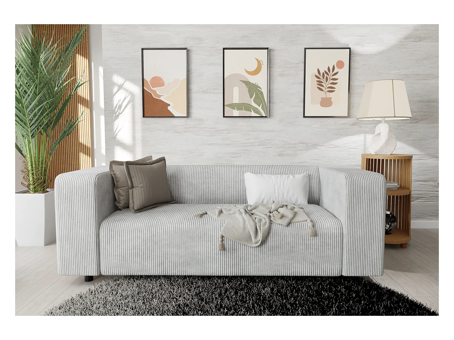 Canapé droit 2 places moderne en velours côtelé gris clair avec assise confortable THORA