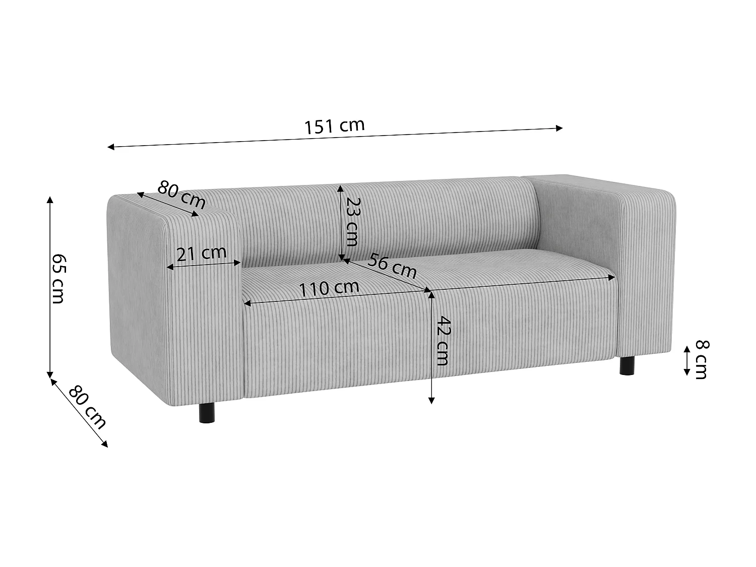 Thora - Modernes Sofa 2 sitzer aus Hellgrau Cord-Stoff mit bequemem Sitz