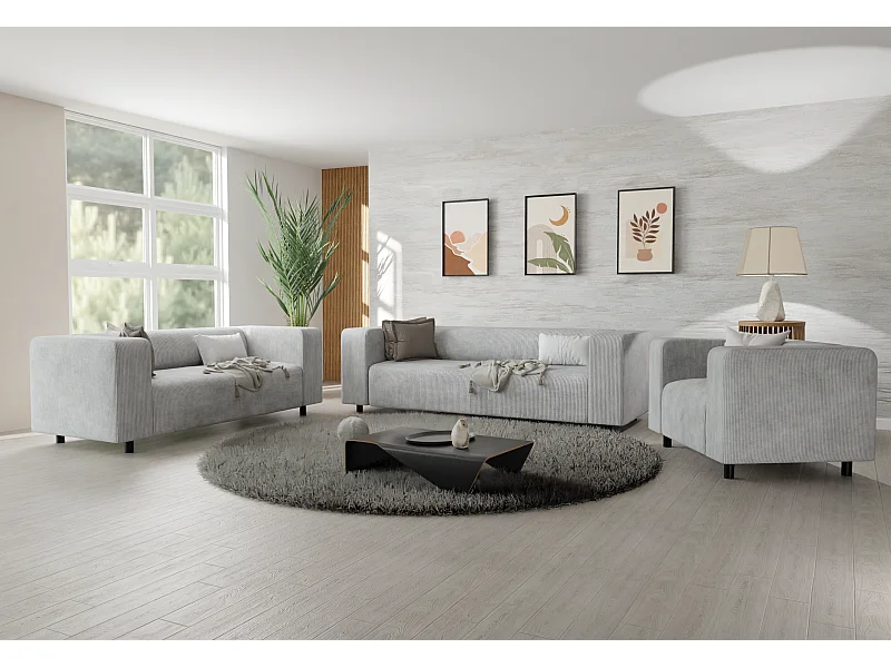Thora - Modernes Polstergarnitur 3+2+1 aus Hellgrau Cord-Stoff mit bequemem Sitz