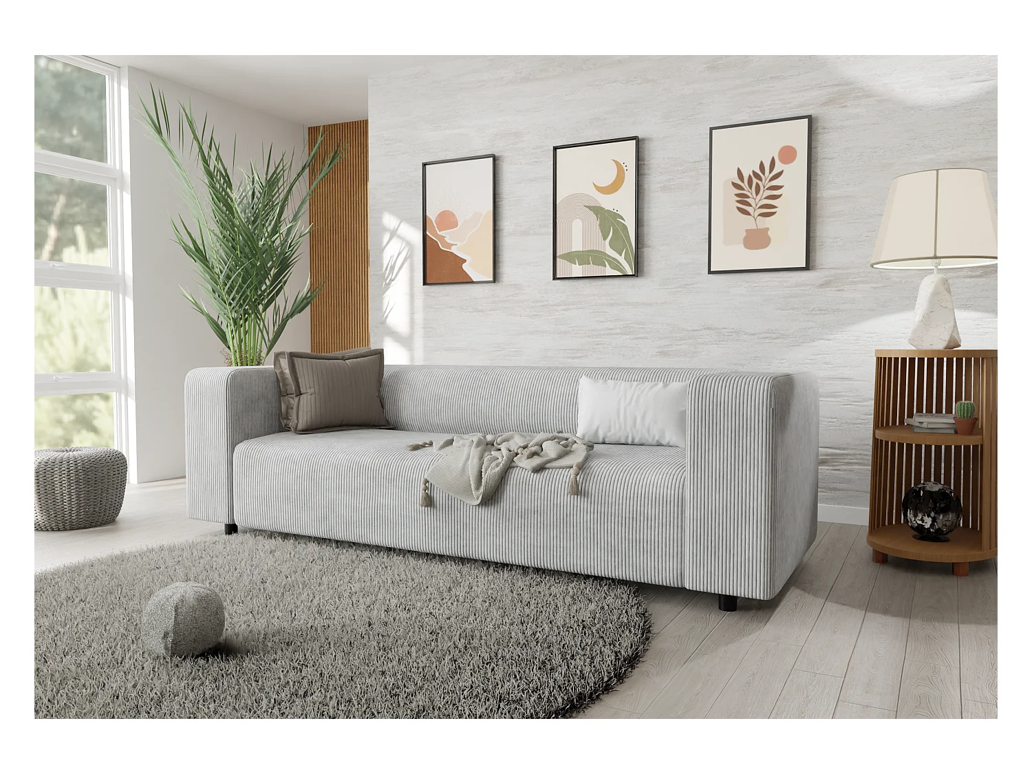 Ensemble de sièges moderne 3+2+1 en velours côtelé gris clair avec assise confortable THORA