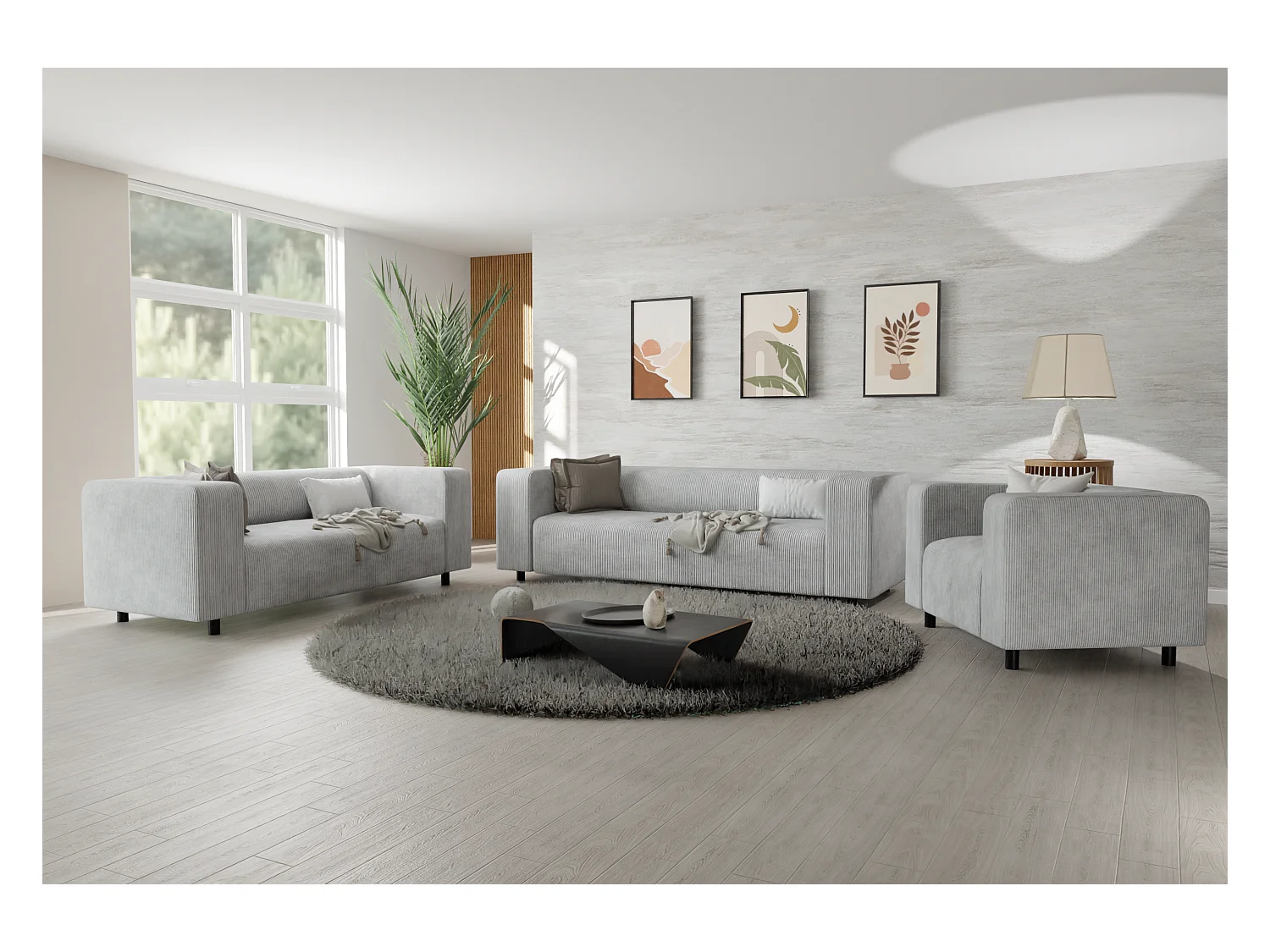 Ensemble de sièges moderne 3+2+1 en velours côtelé gris clair avec assise confortable THORA