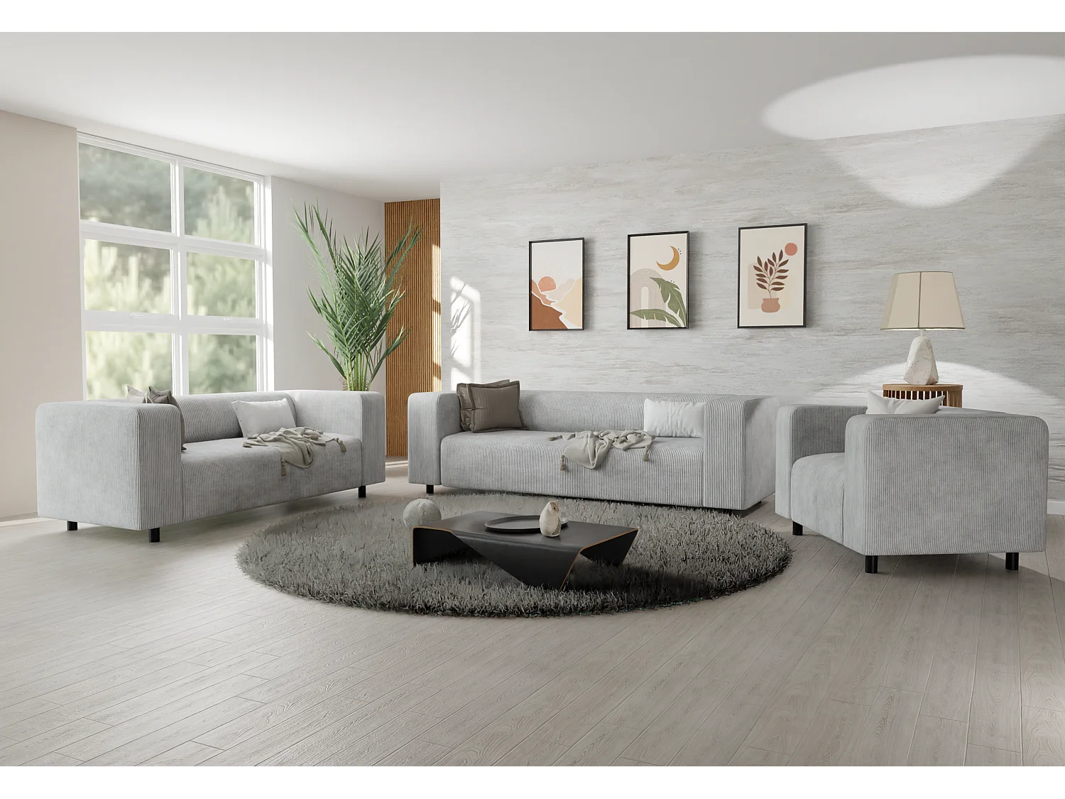 Ensemble de sièges moderne 3+2+1 en velours côtelé gris clair avec assise confortable THORA