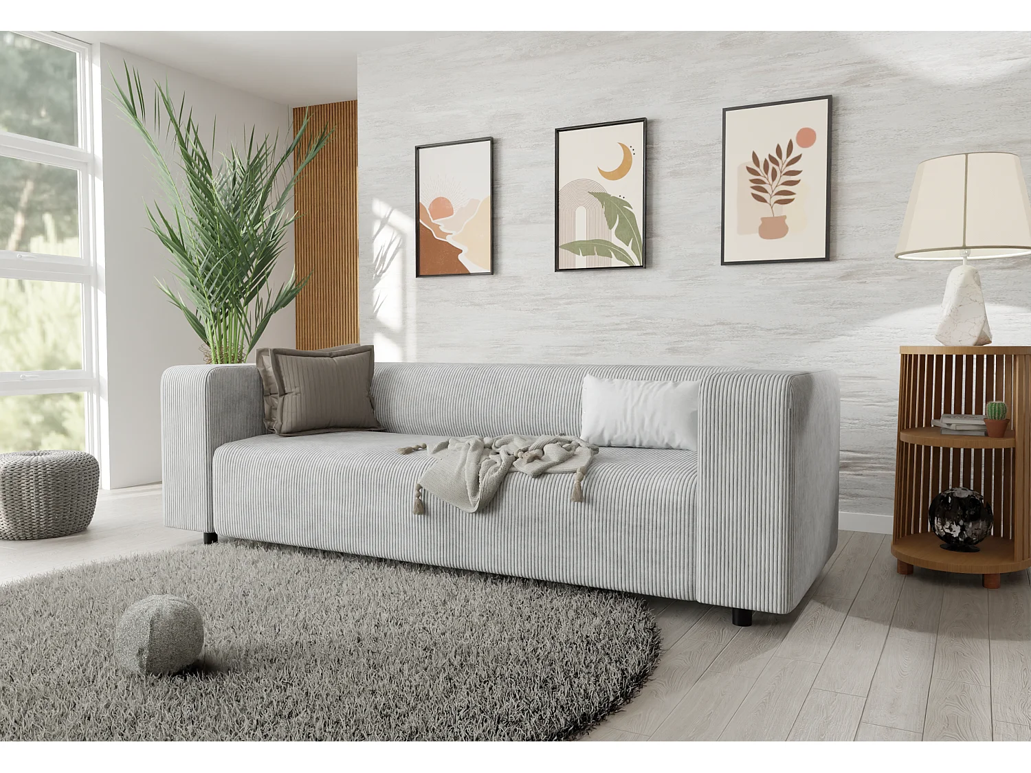 Ensemble de sièges moderne 3+2+1 en velours côtelé gris clair avec assise confortable THORA