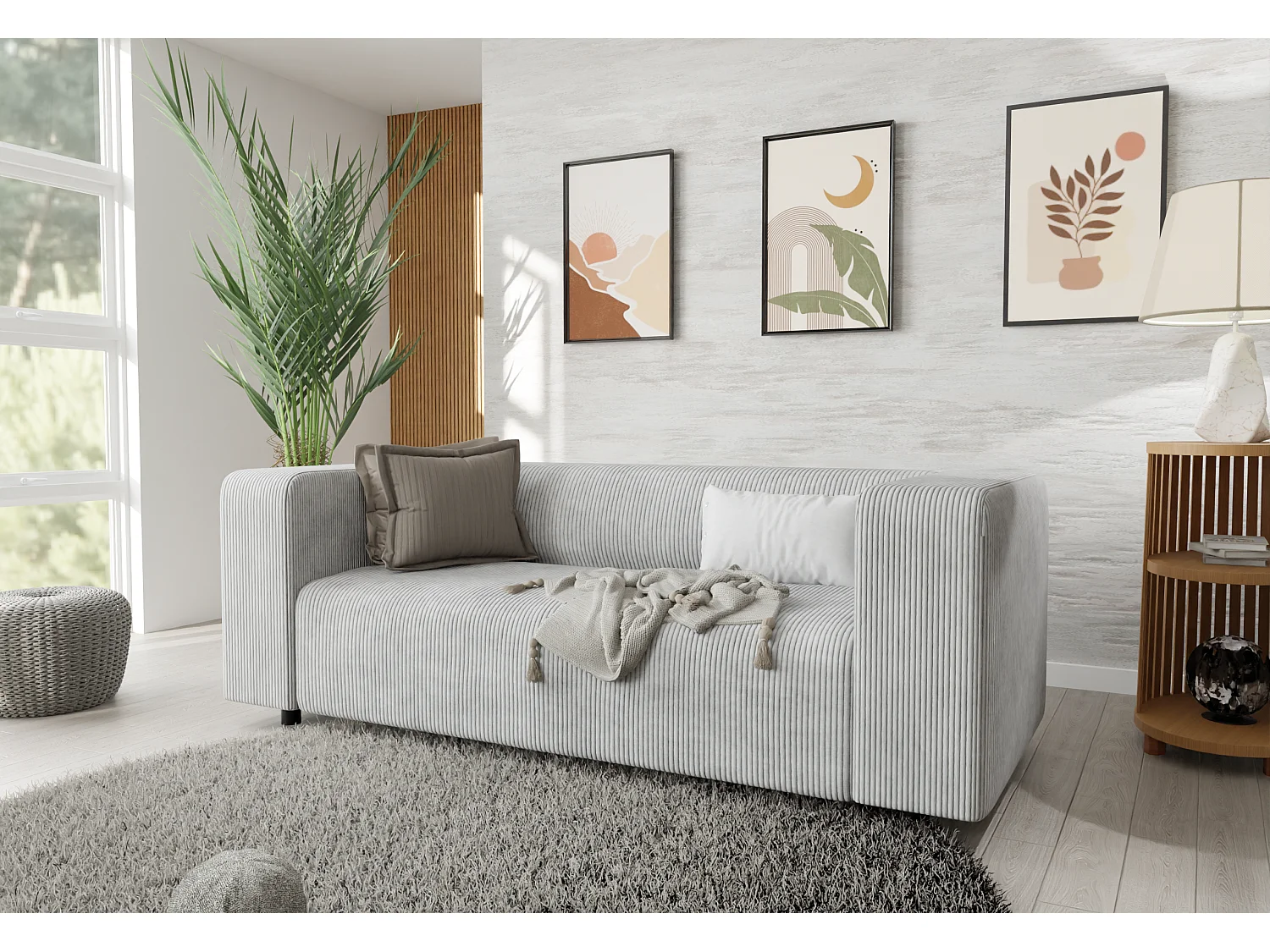 Ensemble de sièges moderne 3+2+1 en velours côtelé gris clair avec assise confortable THORA