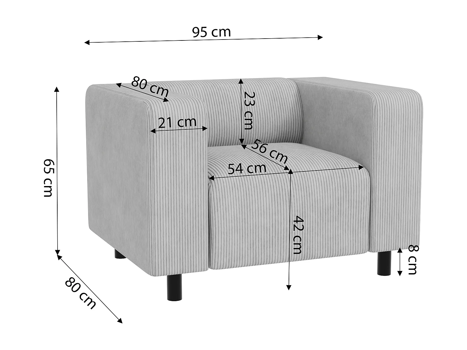 Ensemble de sièges moderne 3+2+1 en velours côtelé gris clair avec assise confortable THORA