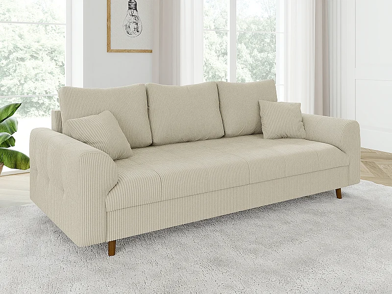 Jasper - Sofa 3 sitzer mit Braun Holzfüßen im skandinavischen Stil aus Beige Cord-Stoff