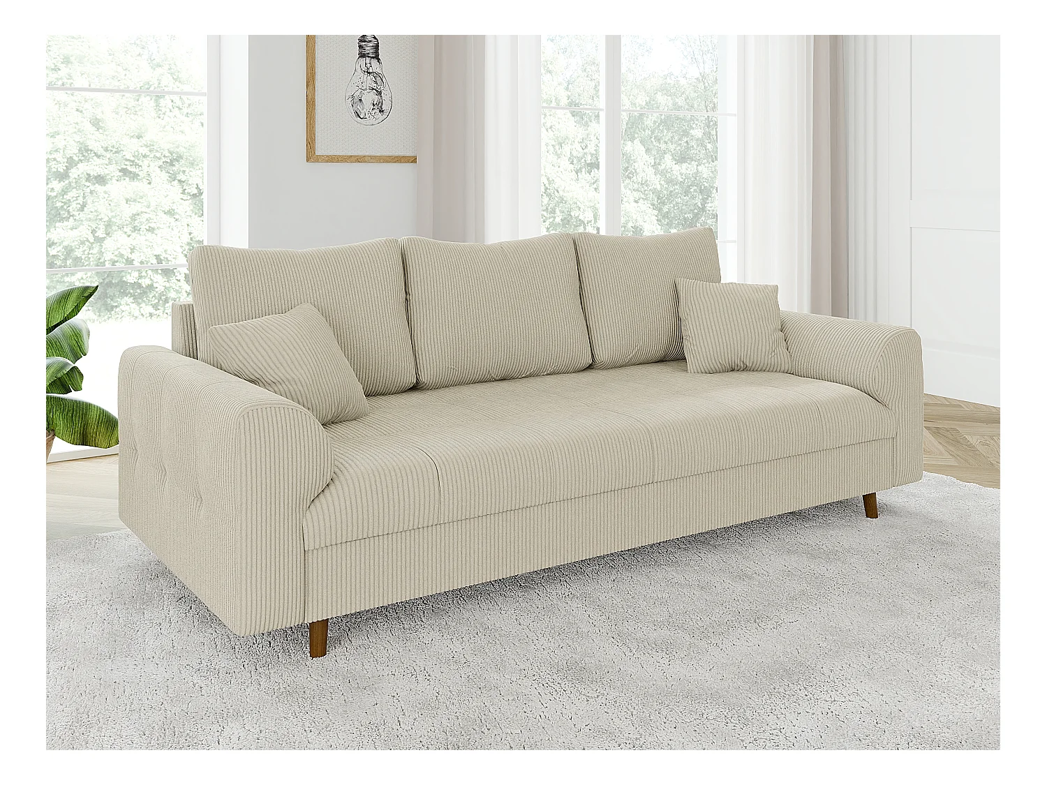 Jasper - Sofa 3 sitzer mit Braun Holzfüßen im skandinavischen Stil aus Beige Cord-Stoff