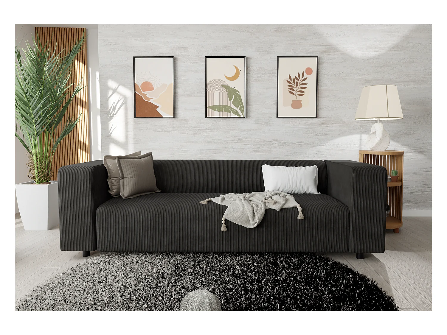 Canapé droit 3 places moderne en velours côtelé noir avec assise confortable THORA