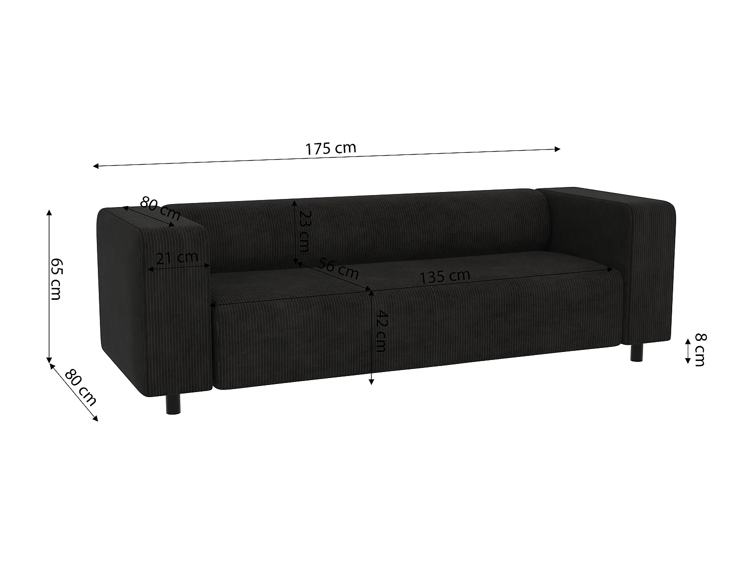 Thora - Modernes Sofa 3 sitzer aus Schwarz Cord-Stoff mit bequemem Sitz