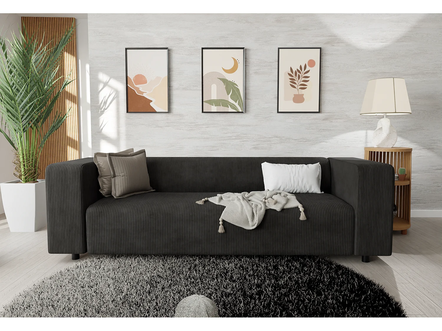 Thora - Modernes Sofa 3 sitzer aus Schwarz Cord-Stoff mit bequemem Sitz