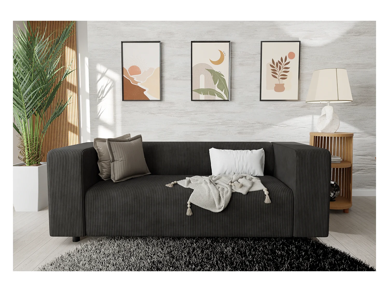 Canapé droit 2 places moderne en velours côtelé noir avec assise confortable THORA