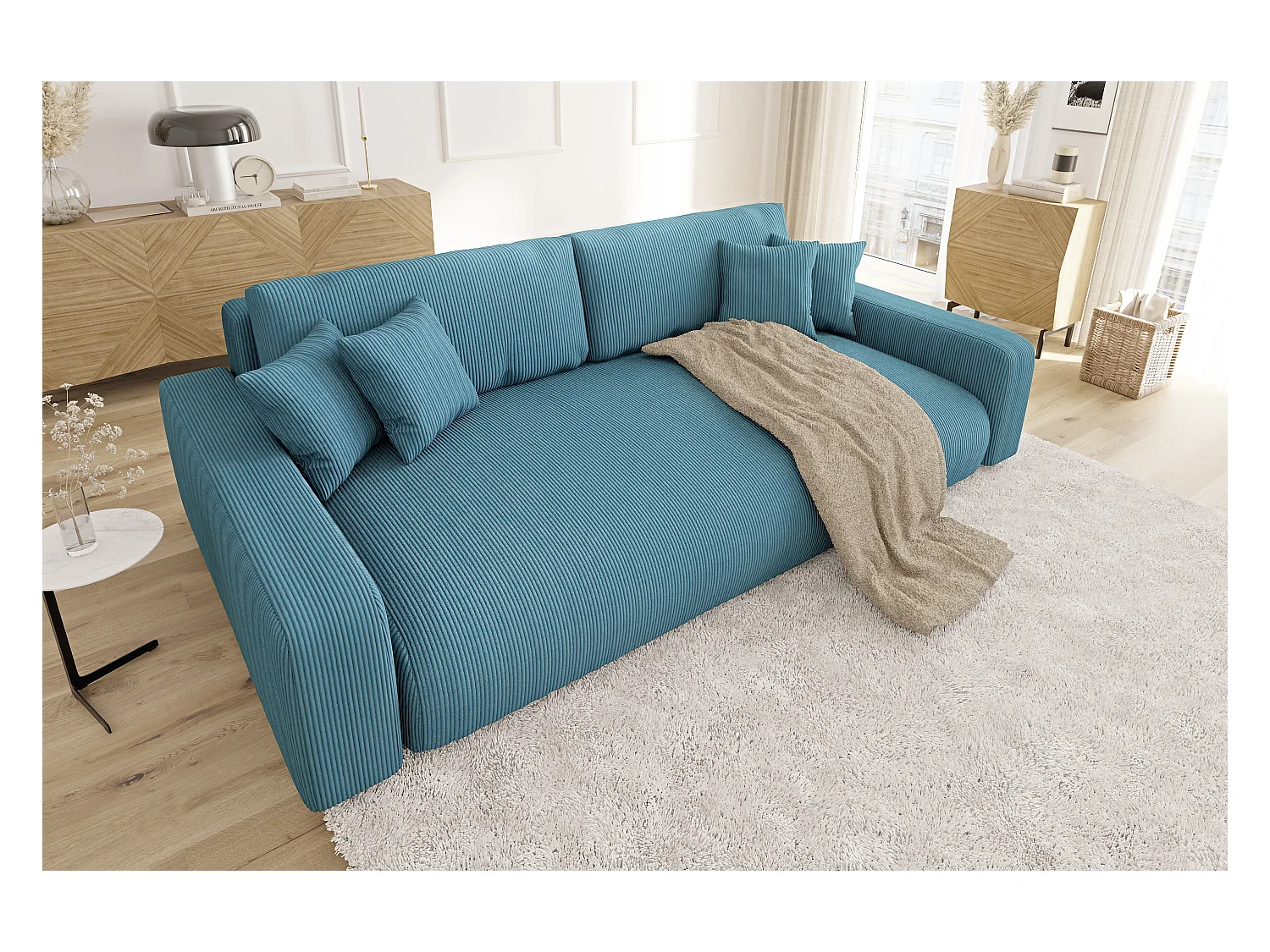 Emma - Sofa mit Schlaffunktion und Bettkasten in Türkis Cord-Stoff schöner Sitzkomfort