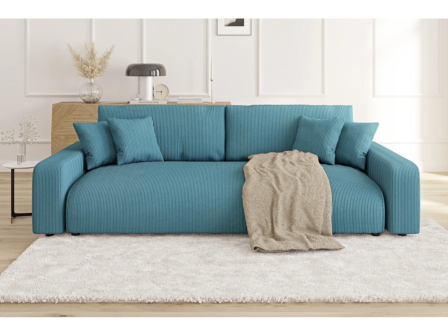 Emma - Sofa mit Schlaffunktion und Bettkasten in Türkis Cord-Stoff schöner Sitzkomfort