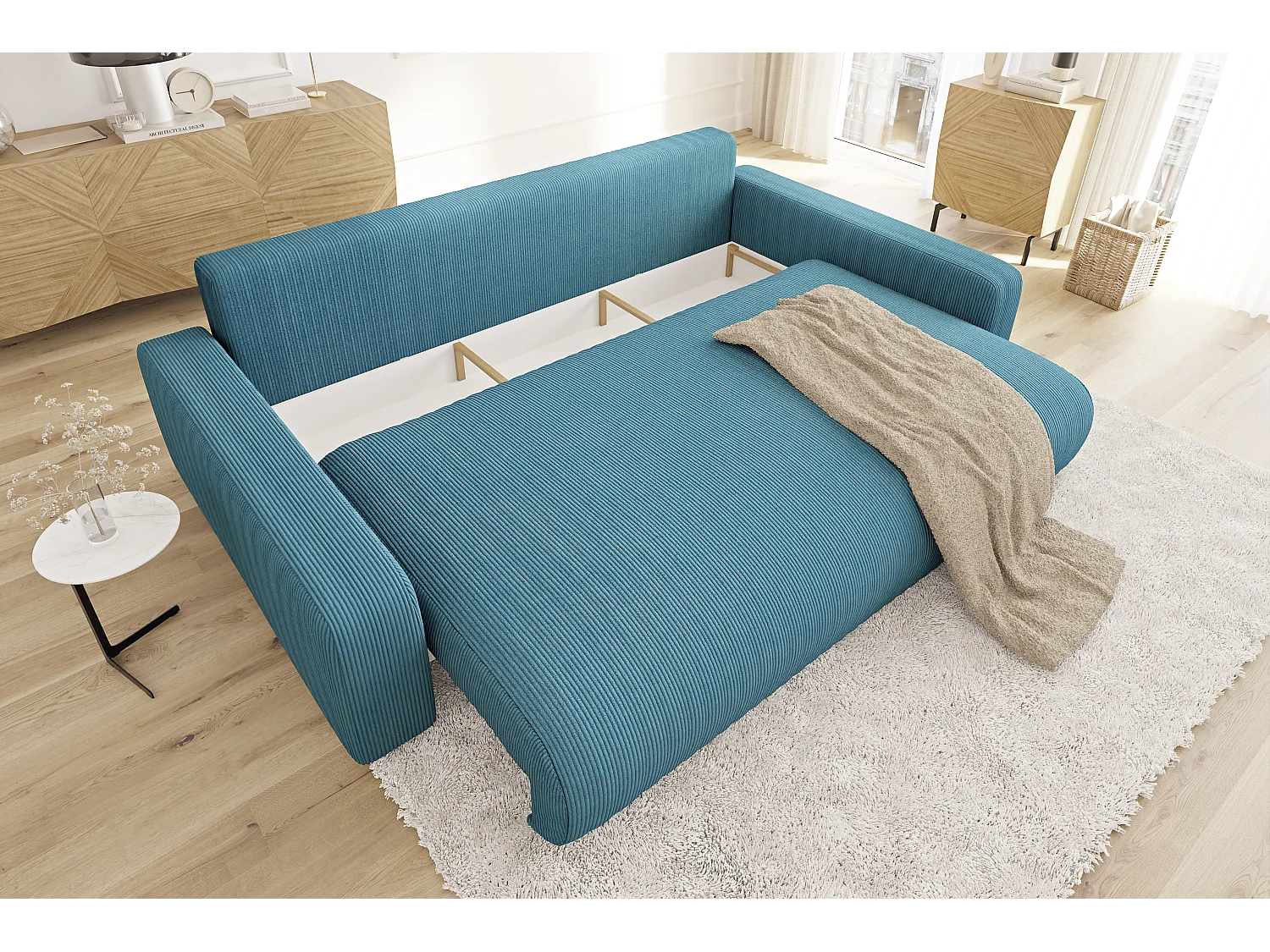 Emma - Sofa mit Schlaffunktion und Bettkasten in Türkis Cord-Stoff schöner Sitzkomfort