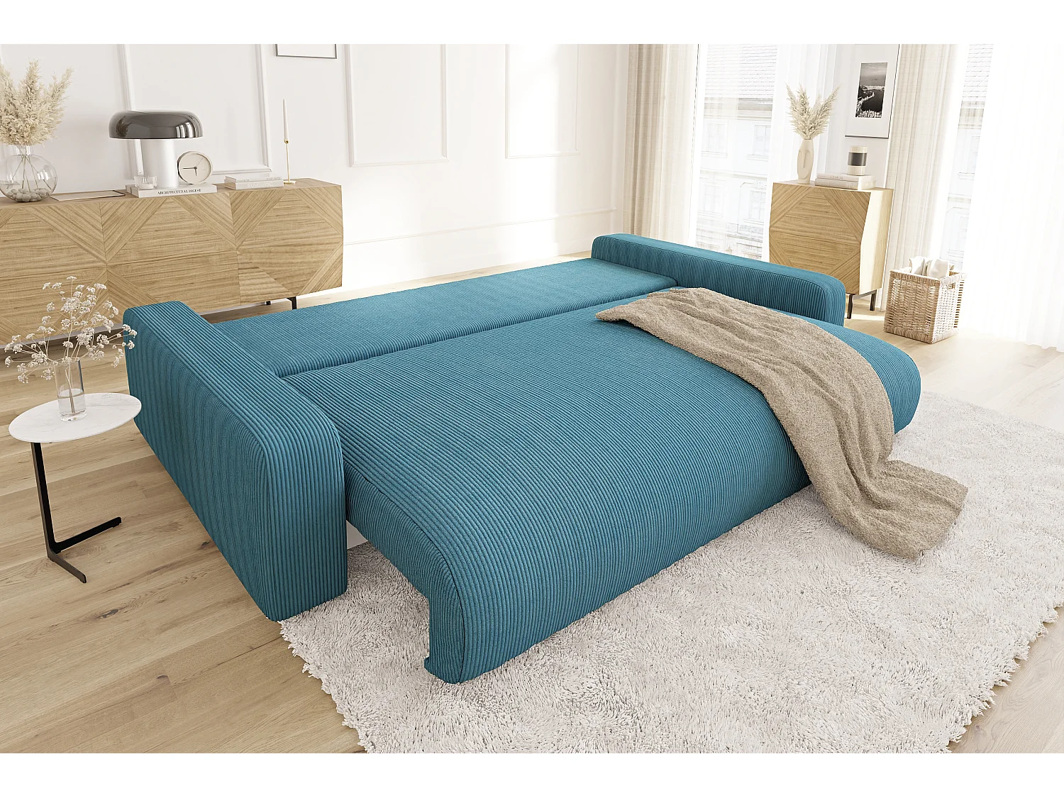 Emma - Sofa mit Schlaffunktion und Bettkasten in Türkis Cord-Stoff schöner Sitzkomfort