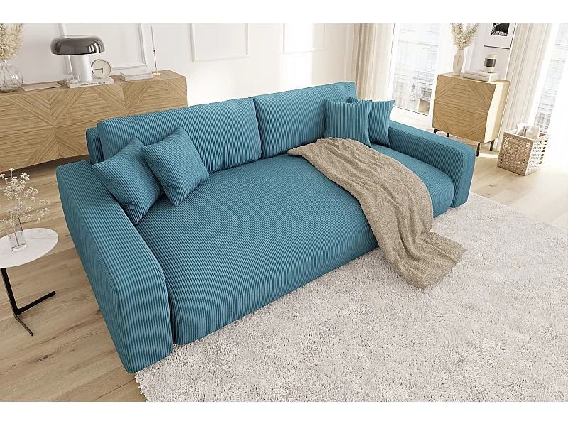 Emma - Sofa mit Schlaffunktion und Bettkasten in Türkis Cord-Stoff schöner Sitzkomfort
